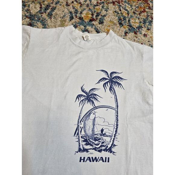 Vintage 70s Hawaii Souvenir Graphic T-Shirt Light Blue Size Small Beach Sailboat - Picture 1 of 7